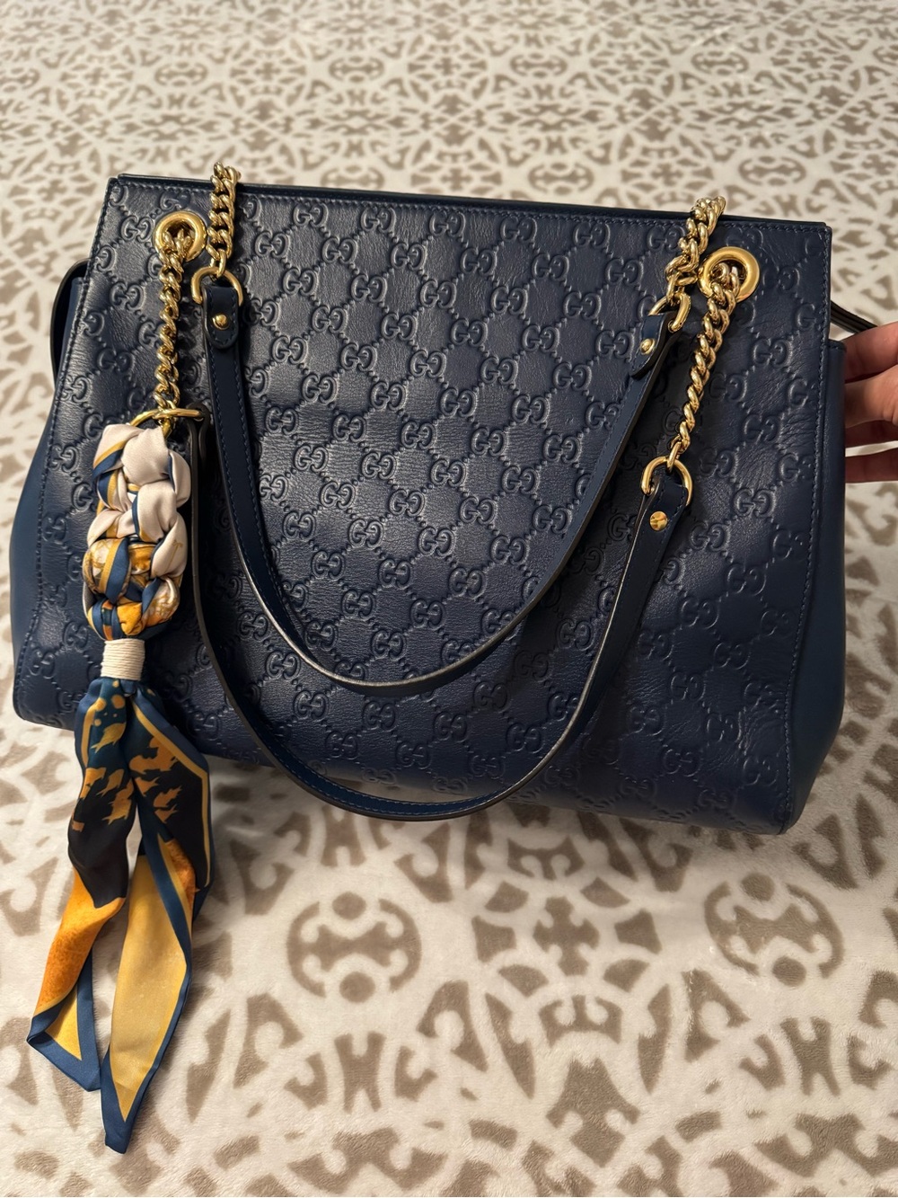 GUCCI Navy Blue Guccissima GG Embossed Leather Shoulder Chain Bag